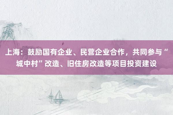 上海：鼓励国有企业、民营企业合作，共同参与“城中村”改造、旧住房改造等项目投资建设