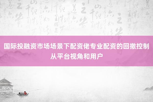 国际投融资市场场景下配资佬专业配资的回撤控制从平台视角和用户